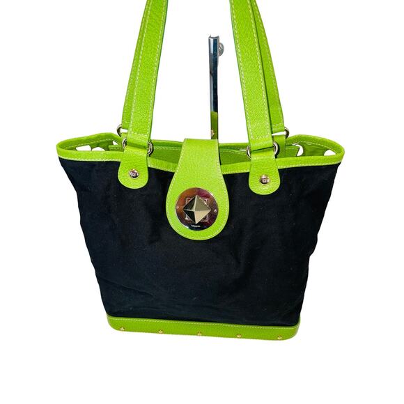 Kate Spade Satchel Handbag Purse Bucket Bag Black Canvas Neon Green Wood Bottom - Picture 1 of 8